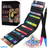 A set of 120 dual-tip brush pens and markers in various colors displayed in a black case.