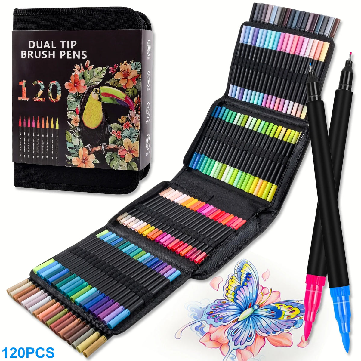 A set of 120 dual-tip brush pens and markers in various colors displayed in a black case.