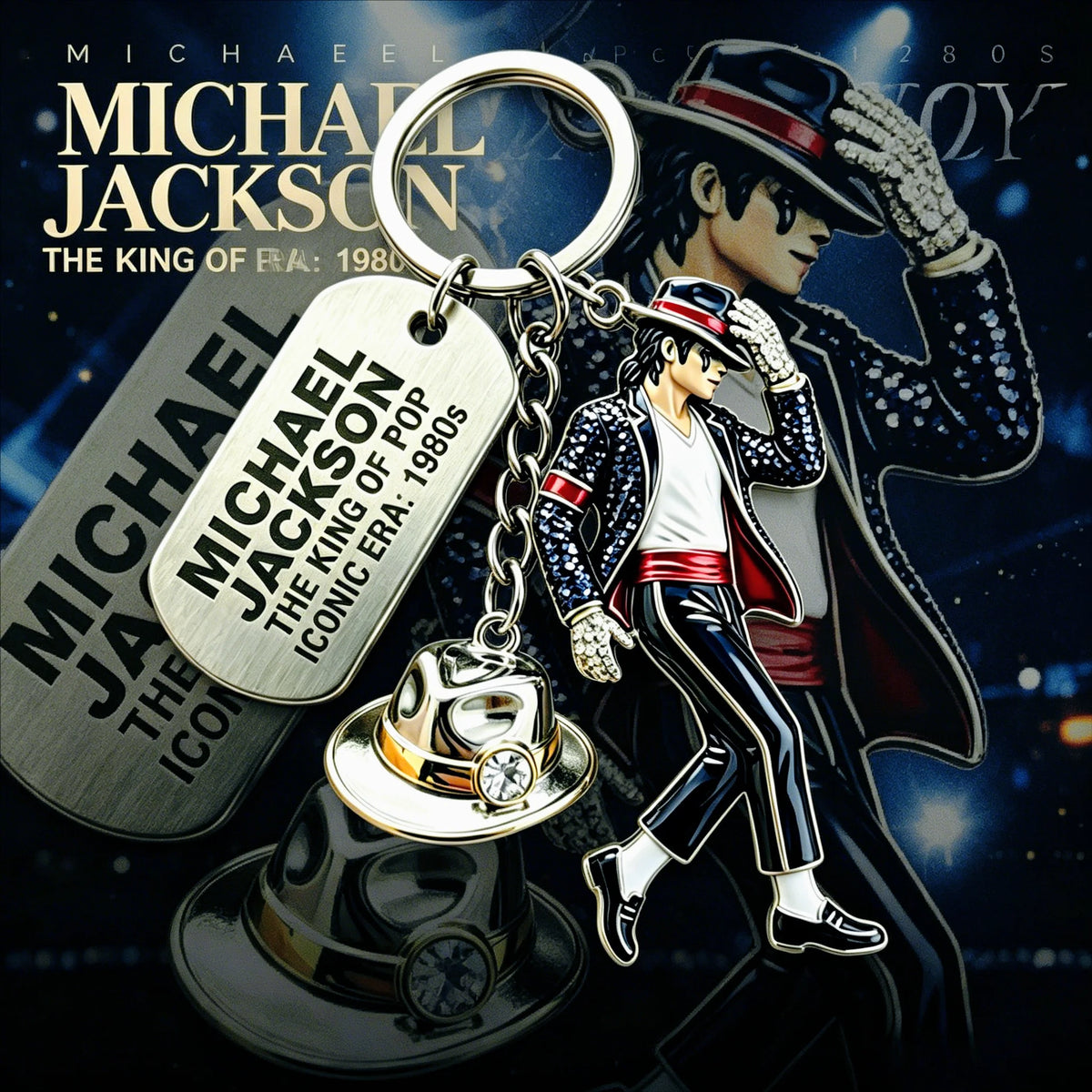 A silver keychain featuring a miniature figure of Michael Jackson in a dance pose, set against a dark background.
