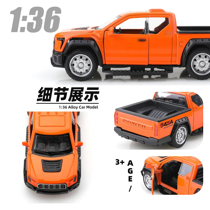 Orange 1:36 scale die-cast model of a Ford F-150 off-road pickup truck with a pull-back action.