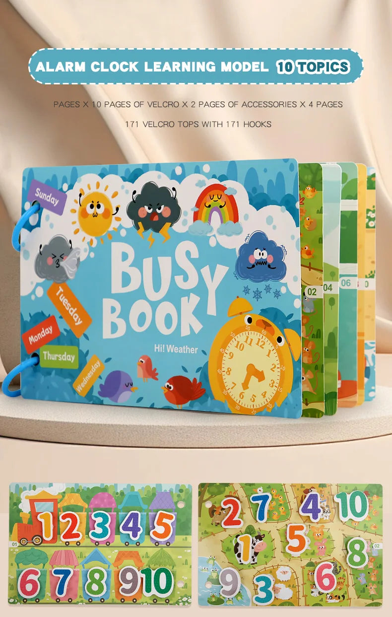 A colorful learning book titled Busy Book featuring alphabet and number recognition pages with interactive stickers.