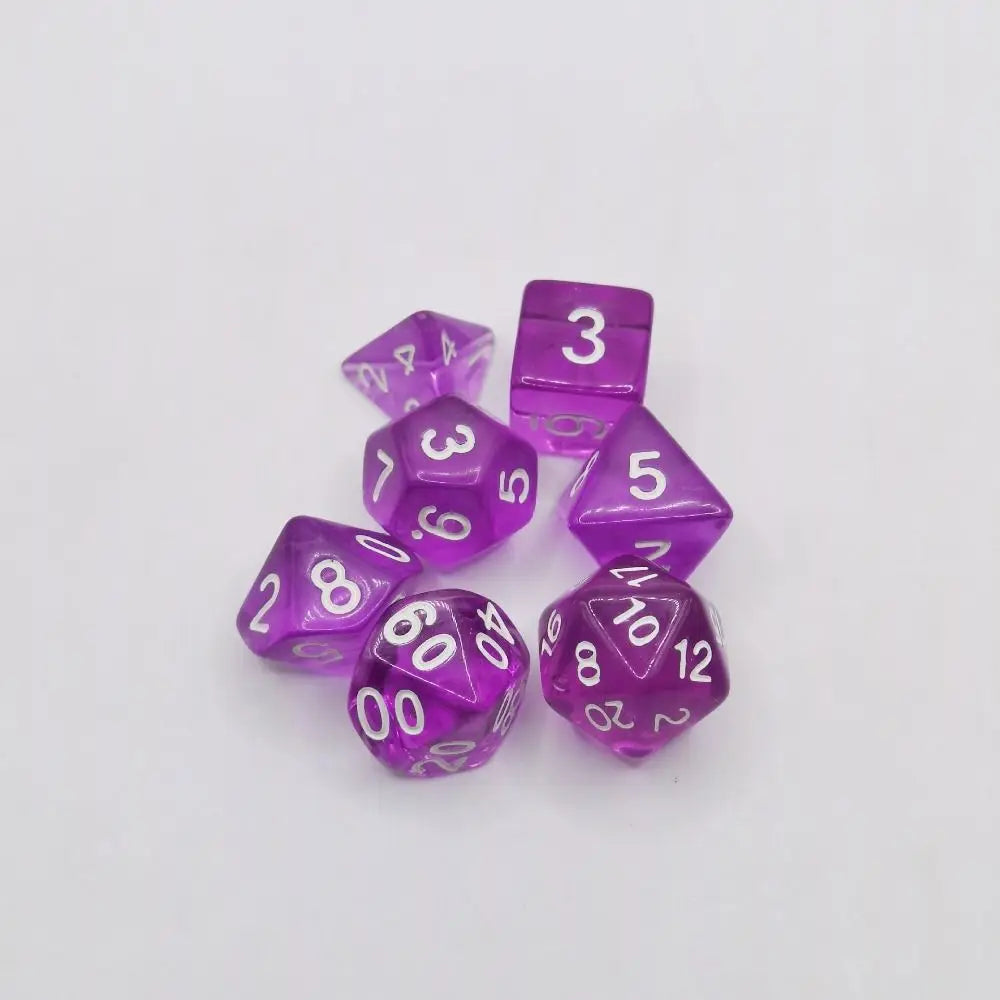 A set of ten purple acrylic polyhedral dice showing numbers 3, 5, 8, and 12.