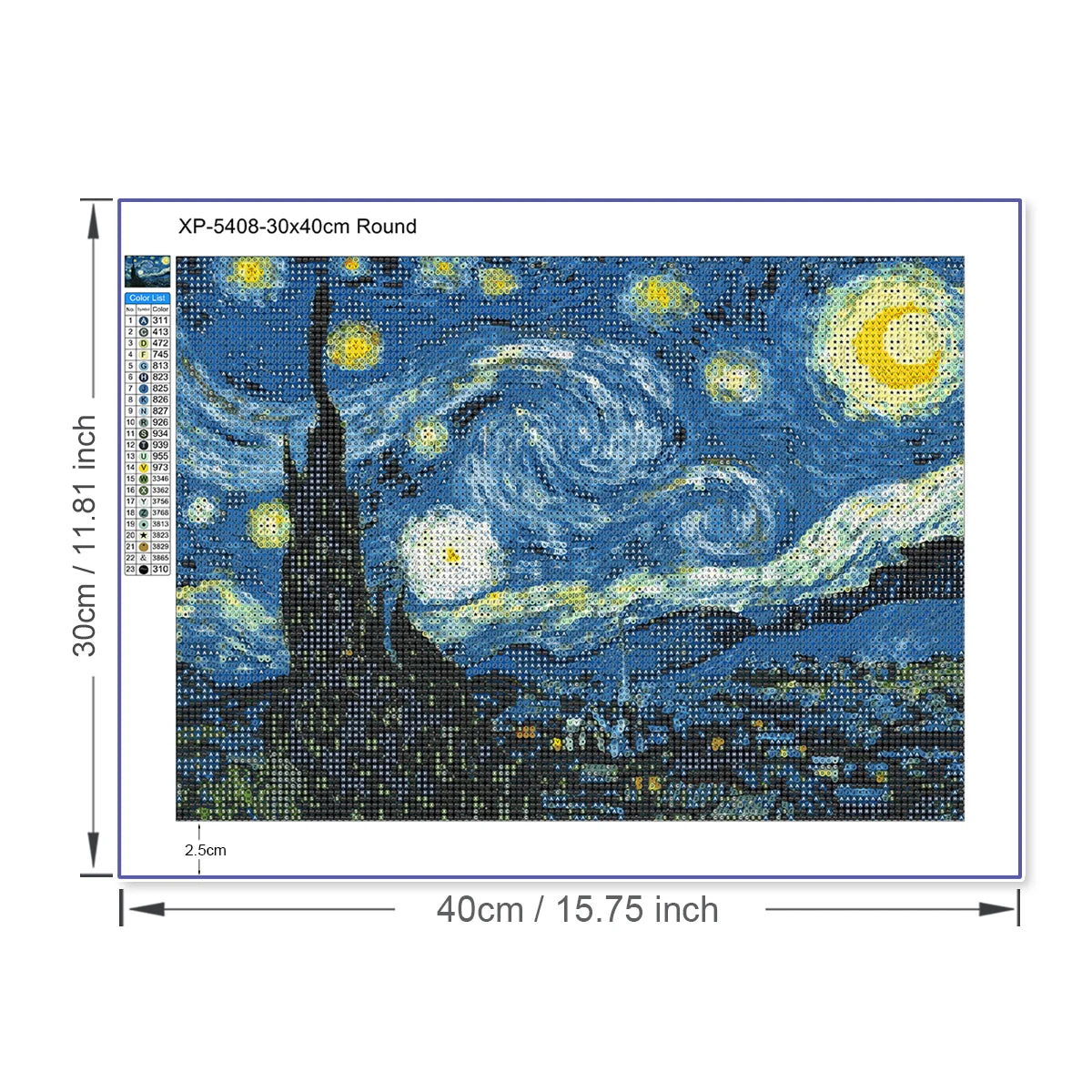 A diamond painting depicting Van Gogh's Starry Night featuring swirling blue and yellow stars over a dark landscape.
