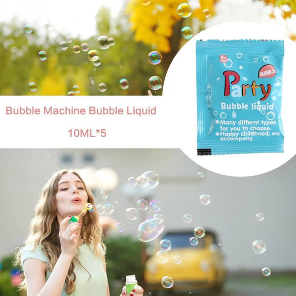 A young woman is blowing bubbles outdoors while holding a bottle of Party Bubble liquid for a party.
