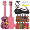 A pink ukulele guitar with accessories including a strap and tuning pegs is shown.