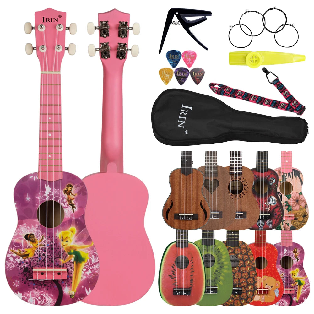 A pink ukulele guitar with accessories including a strap and tuning pegs is shown.