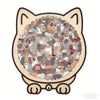 A wooden cat-shaped jigsaw puzzle featuring many small cats and kittens.