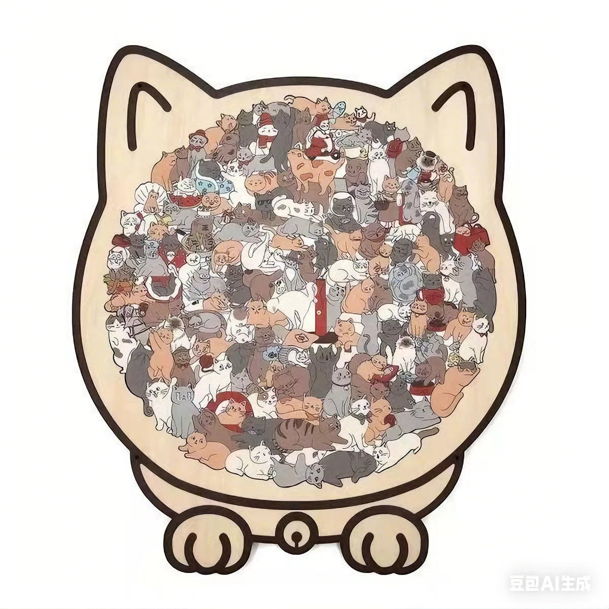 A wooden cat-shaped jigsaw puzzle featuring many small cats and kittens.