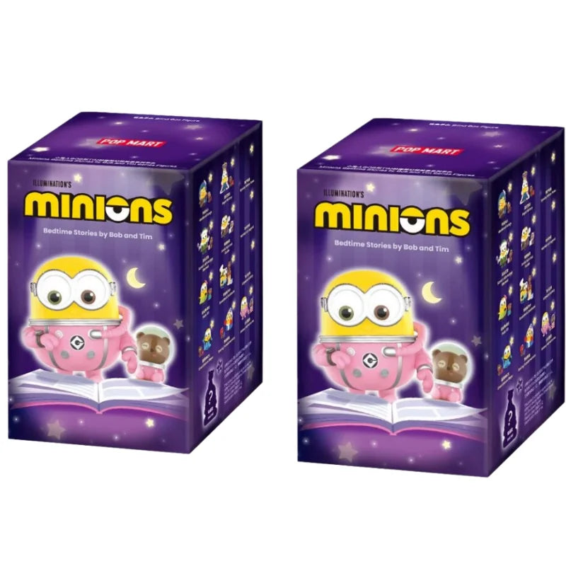 A box of POP MART Minions Bedtime Stories blind box collectible figures featuring yellow Minions characters.