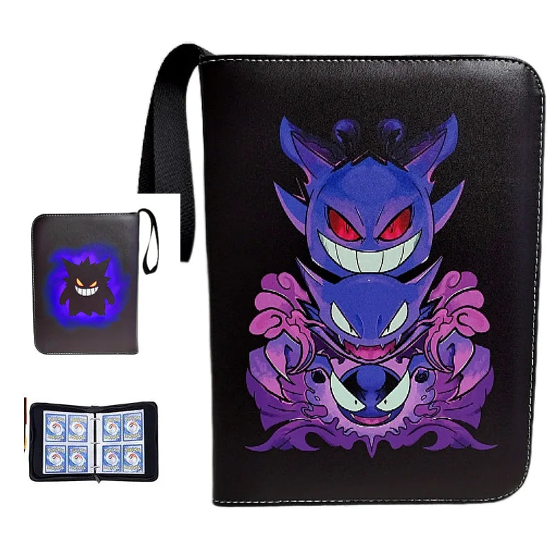 A black PU leather card binder with a zipper, featuring a purple and pink dragon design.