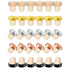 A set of ten reusable T-shaped wine bottle stoppers with wooden and silver tops.