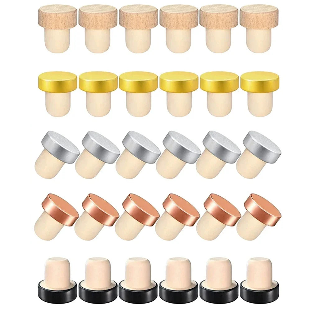 A set of ten reusable T-shaped wine bottle stoppers with wooden and silver tops.