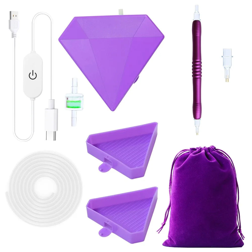 A purple electric diamond painting pen kit with a suction tool and storage case.