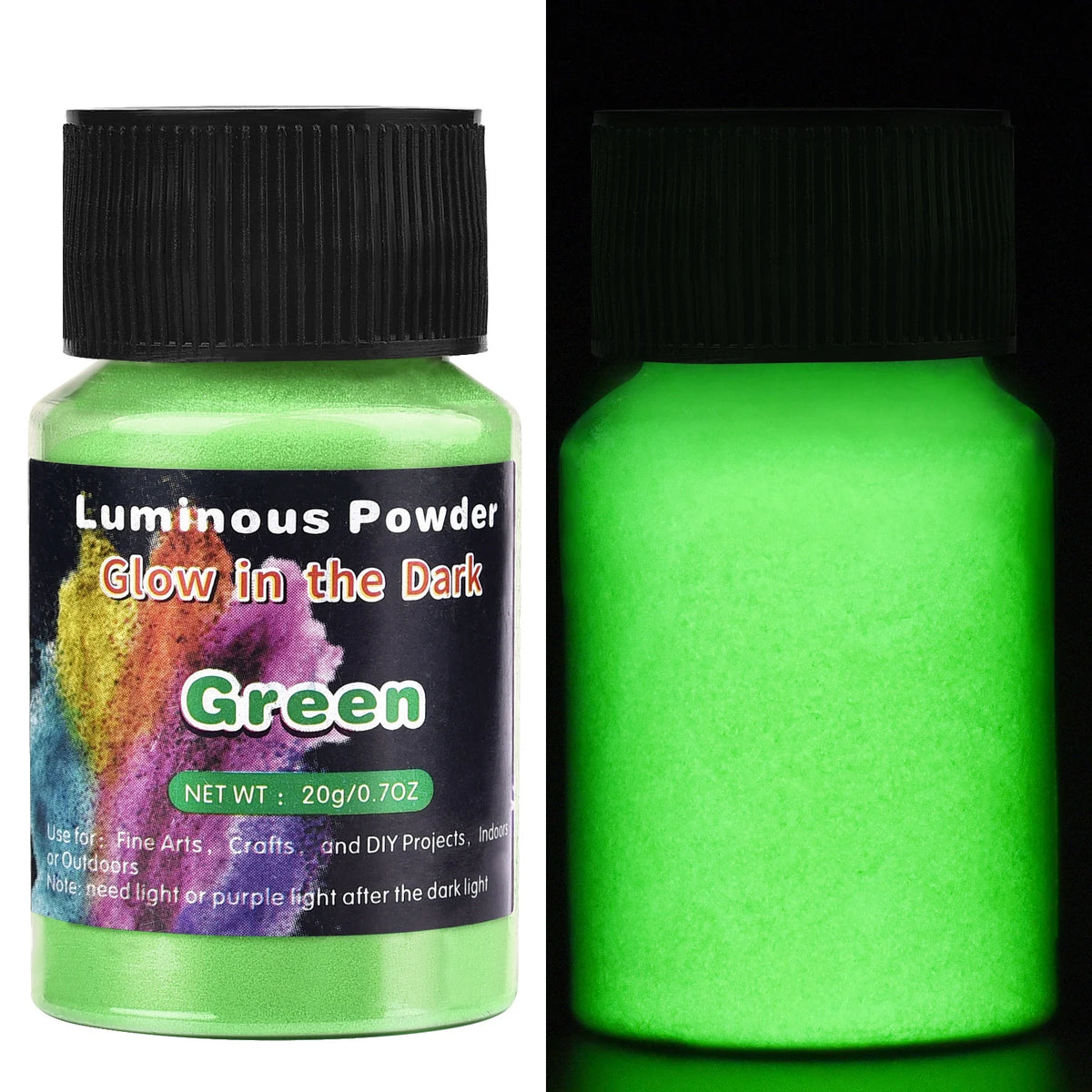 A bottle of green glow-in-the-dark powder used for fine arts and crafts.