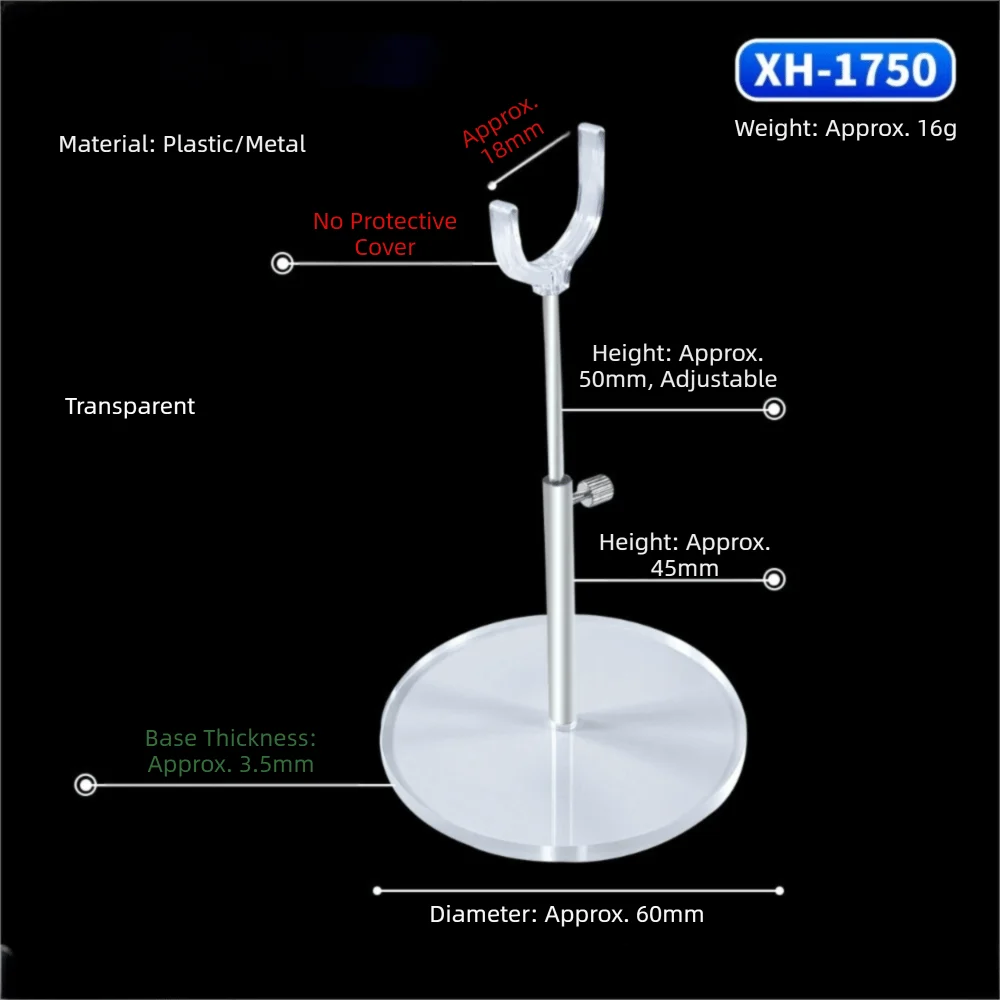 A clear acrylic doll display stand with a metal rod and a protective cover, featuring a 60mm diameter base.