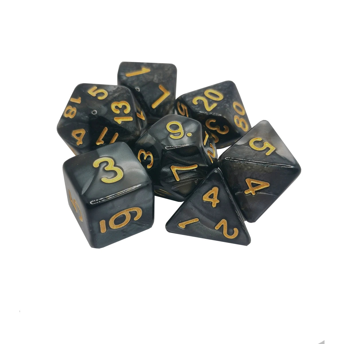 A set of seven polyhedral dice, including d6, d8, d10, d12, d20, and d100, in black and gold.