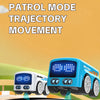 A blue and white mini bus toy demonstrating patrol mode trajectory movement on a track.