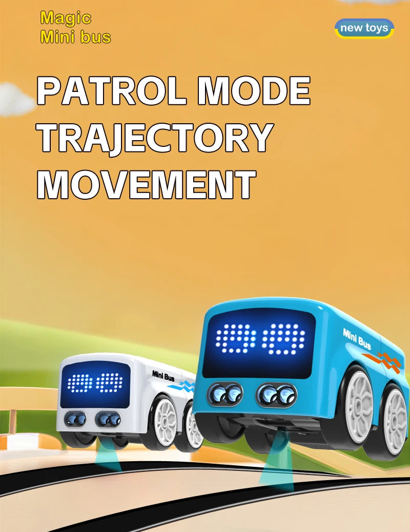 A blue and white mini bus toy demonstrating patrol mode trajectory movement on a track.
