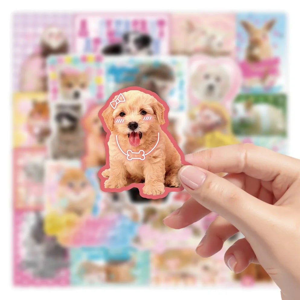 A hand holds a small dog-shaped sticker from a colorful retro cartoon animal sticker pack.