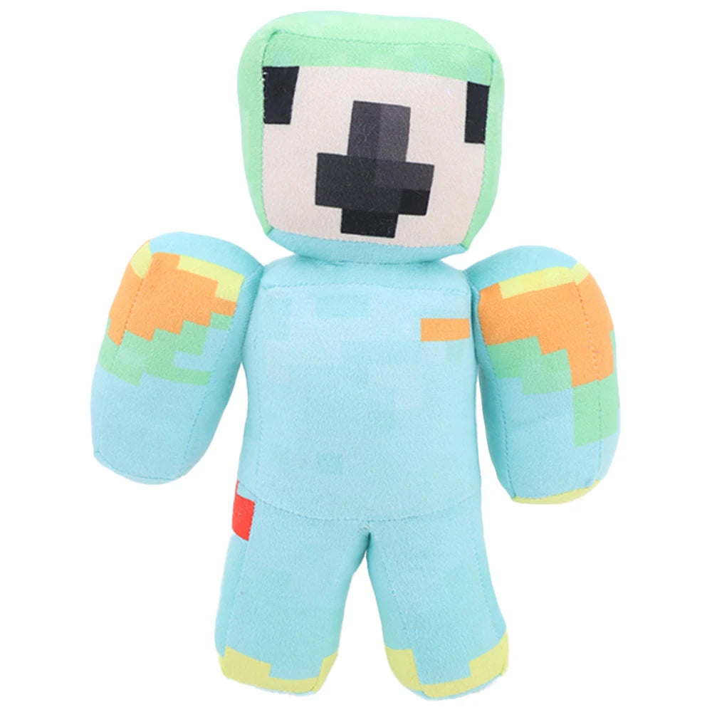 A light blue plush toy resembling a pixelated creature with black eyes and orange accents on the arms.