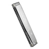 A silver 24-hole C tone tremolo harmonica with a protective hard case.