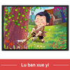 A colorful illustration of a cartoon character playing with wooden animals and vehicles in a garden setting.