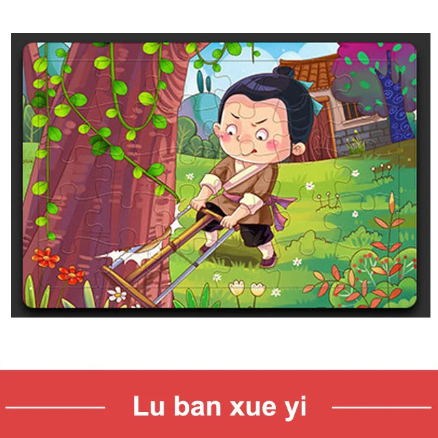 A colorful illustration of a cartoon character playing with wooden animals and vehicles in a garden setting.
