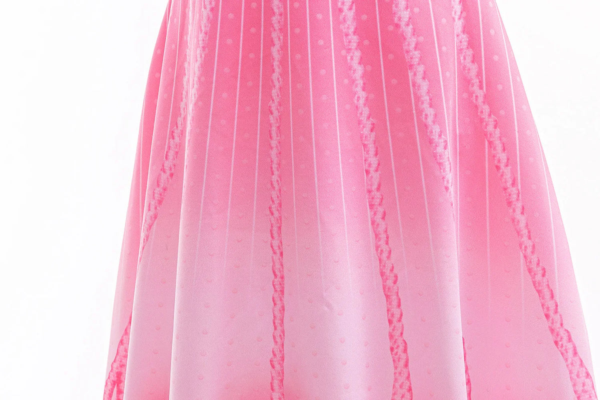 Pink princess ball gown dress with vertical white lace detailing