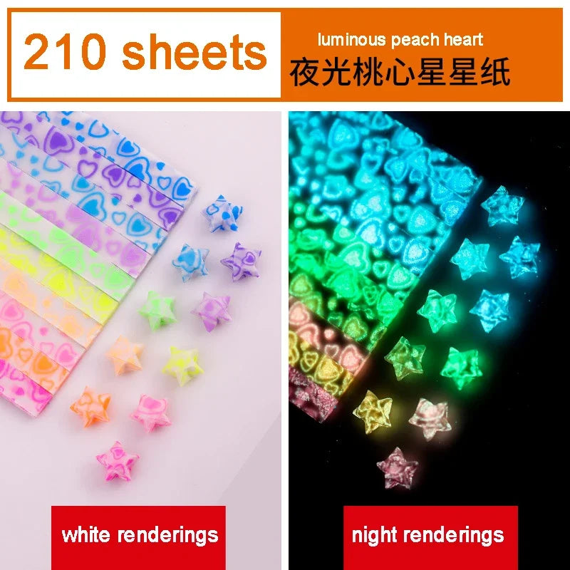 A collection of 210 sheets of luminous peach heart origami star strips shown in white and night renderings.
