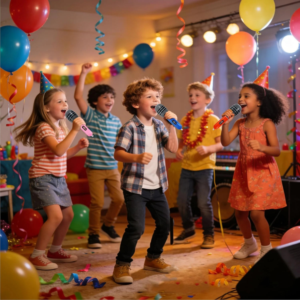 A group of children are enthusiastically singing and playing with inflatable microphones at a party.