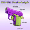 A purple Mini M1911 pistol toy showing various features like breach safety and trigger safety.