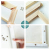 A set of wooden paint by numbers kit showing steps for creating a scenery canvas with acrylic paints.
