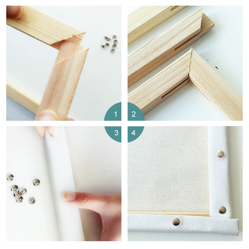 A set of wooden paint by numbers kit showing steps for creating a scenery canvas with acrylic paints.