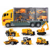 A yellow diecast construction vehicle playset featuring ten miniature construction vehicles inside a truck box.