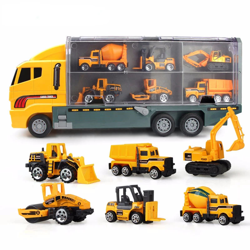 A yellow diecast construction vehicle playset featuring ten miniature construction vehicles inside a truck box.
