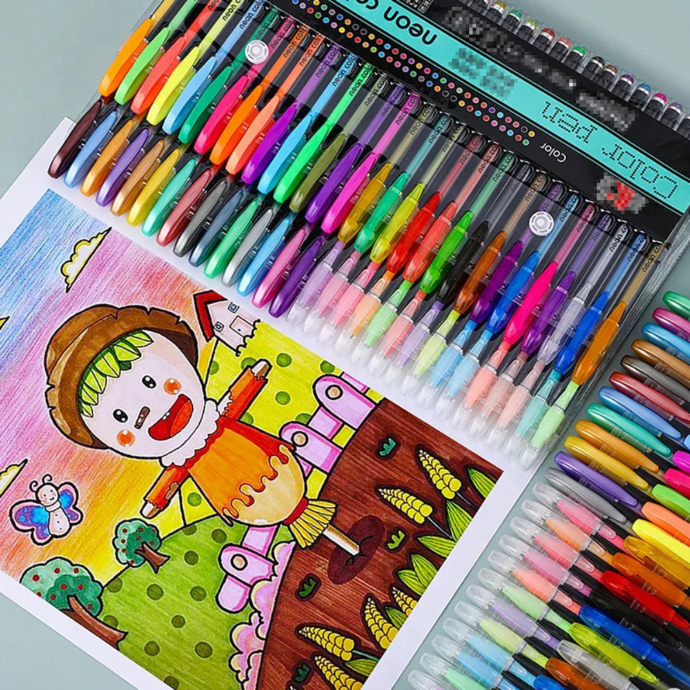 A collection of metallic glitter gel pens in various colors and shades displayed in a packaging box.
