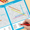 A hand is pointing at a large print word search puzzle book showing various words and letters.