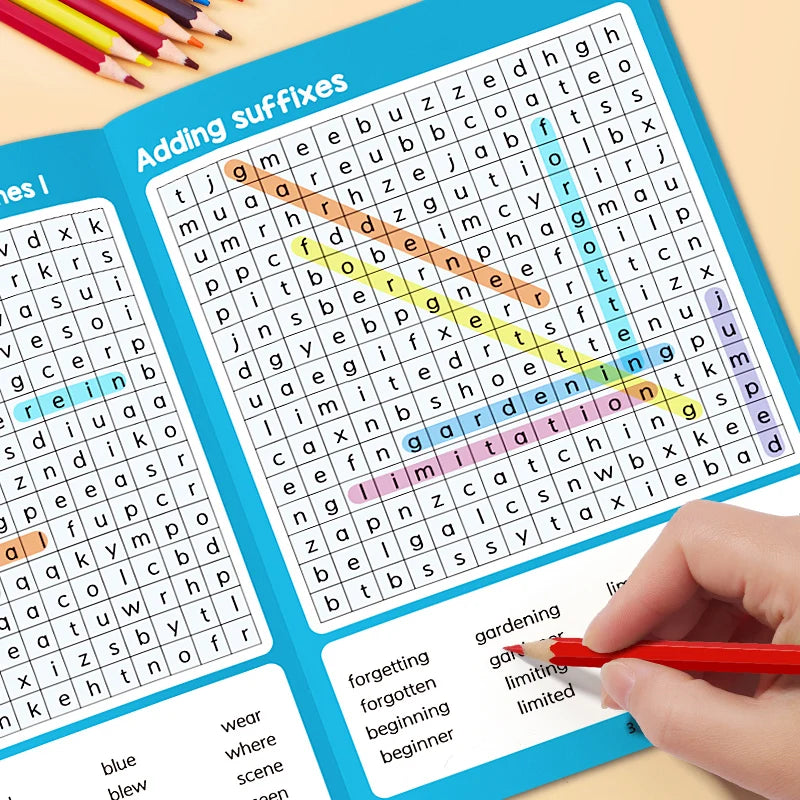A hand is pointing at a large print word search puzzle book showing various words and letters.