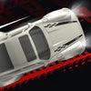 A silver 1:64 scale RC drift car is shown in a dynamic angle against a black background with red checkered racing lines.