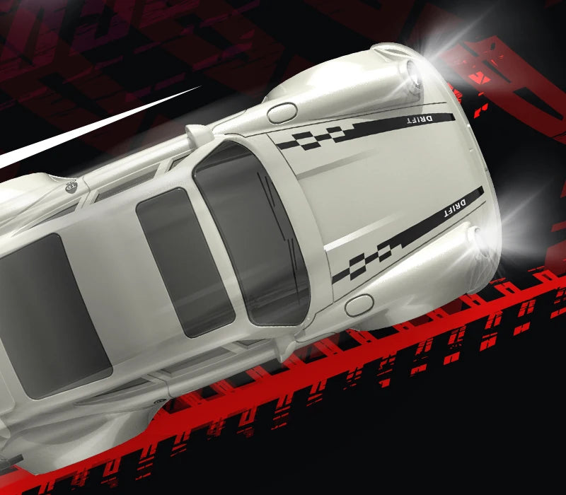 A silver 1:64 scale RC drift car is shown in a dynamic angle against a black background with red checkered racing lines.