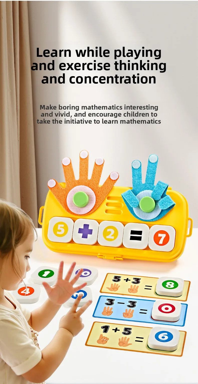 A child plays with a yellow Montessori finger counting math toy featuring numbers and operations cards.