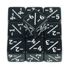 A set of ten black and white acrylic D6 counter dice arranged in a grid.