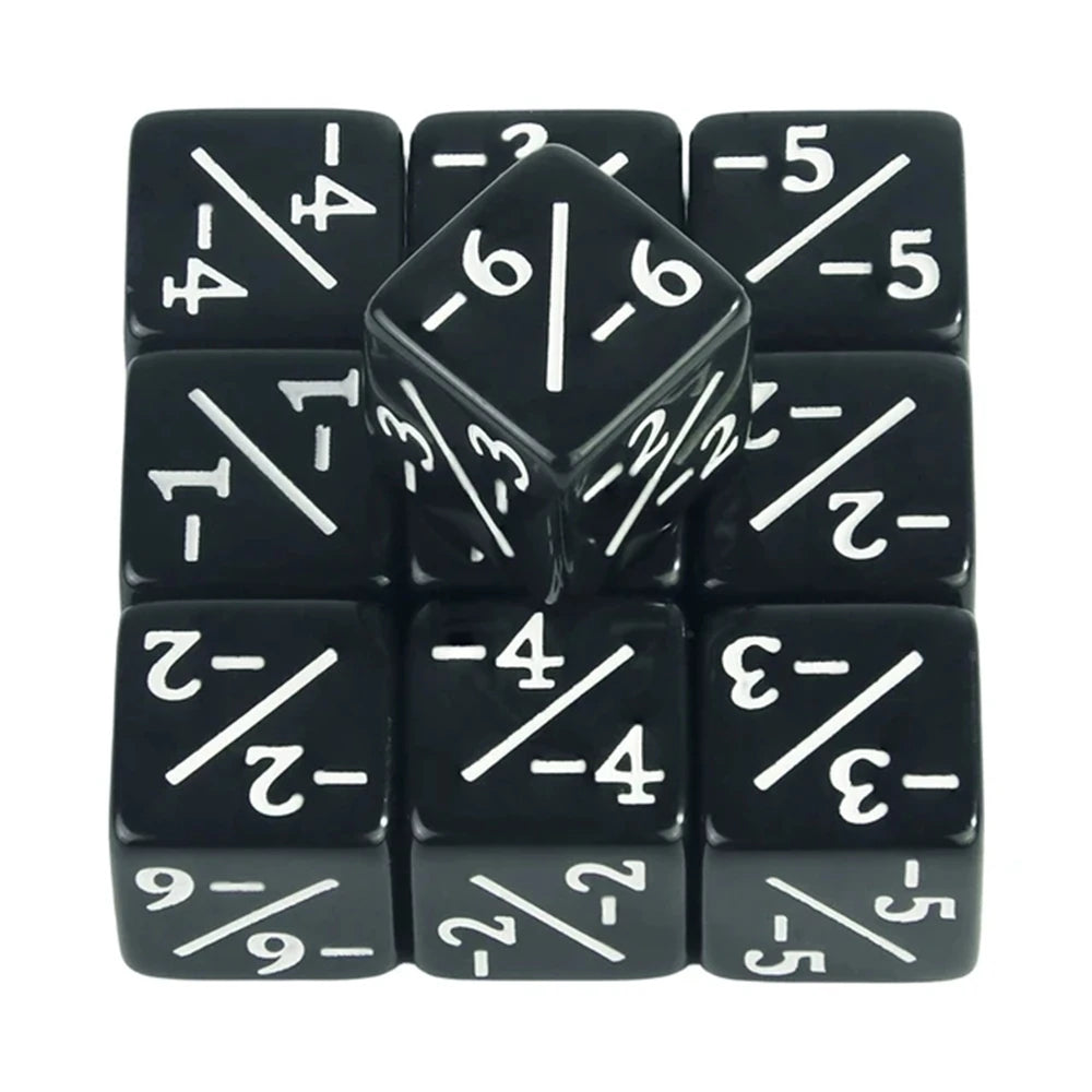 A set of ten black and white acrylic D6 counter dice arranged in a grid.