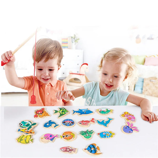 A set of colorful magnetic wooden fishing toys for children, including various fish shapes.