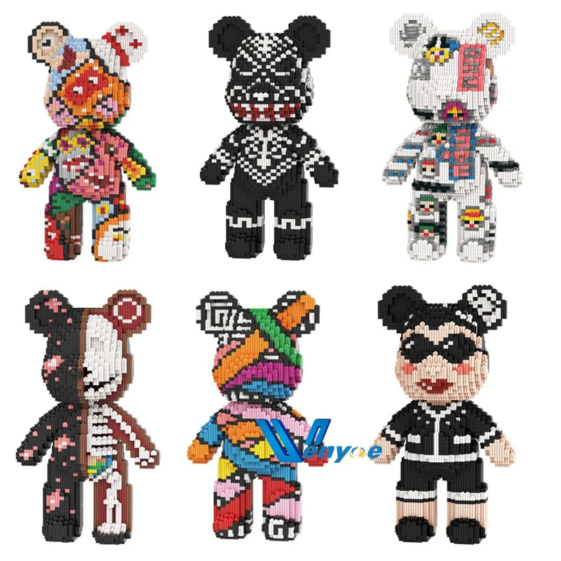 A collection of nine detailed bear figures made from brick-like building blocks in various colors and patterns.