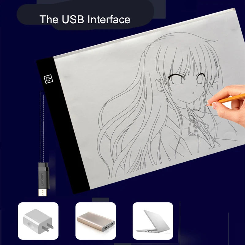 A drawing pad showing a line art of a girl, with a USB interface connection visible.