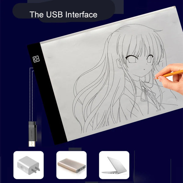 Tableta de dibujo con arte lineal de una niña y conexión USB visible.