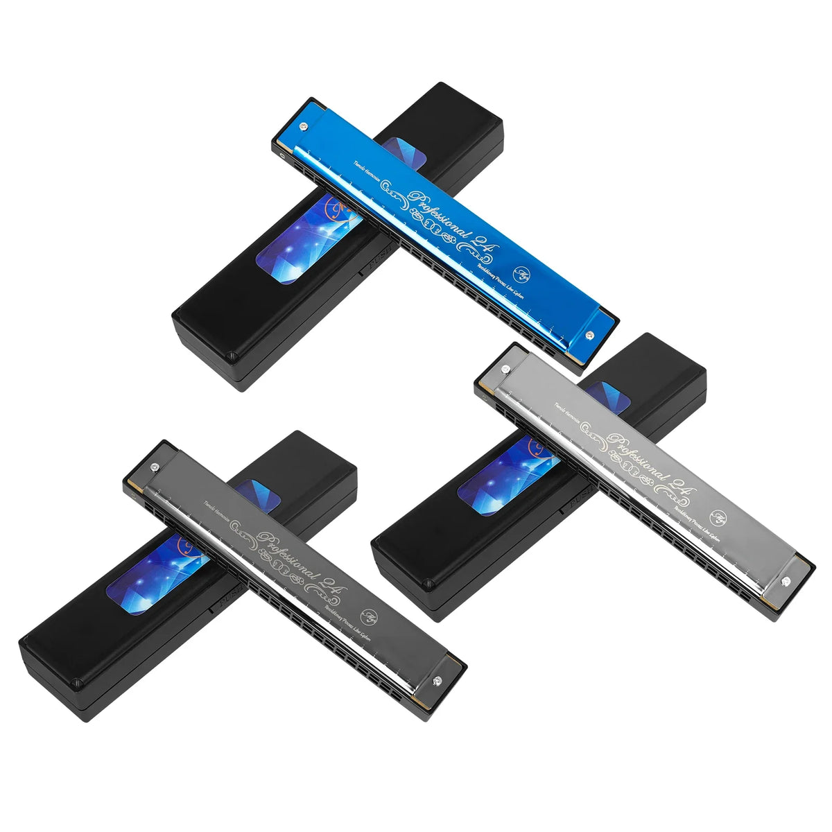 A blue harmonica is shown inside a black hard case, positioned diagonally.