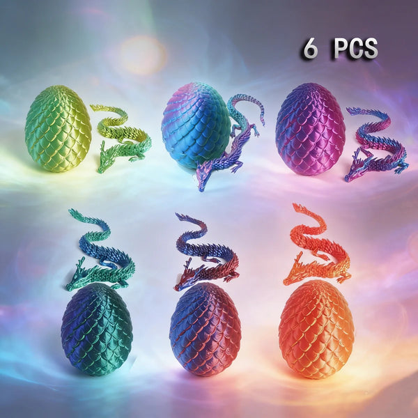 Six colorful 3D printed dragon eggs shaped like pinecones, featuring vibrant green, blue, purple, and orange hues.