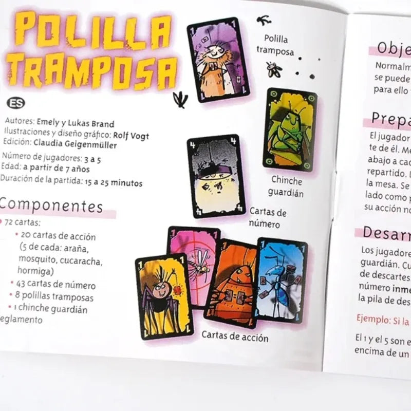 A page from the rules of the Polilla Tramposa card game showing components and card types.